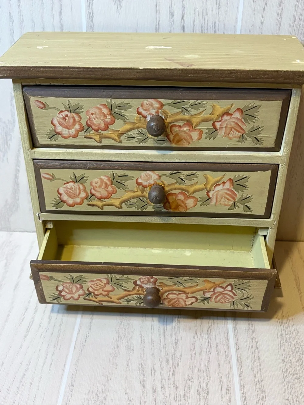 Vintage wooden jewelry box mini dresser floral cottage core
